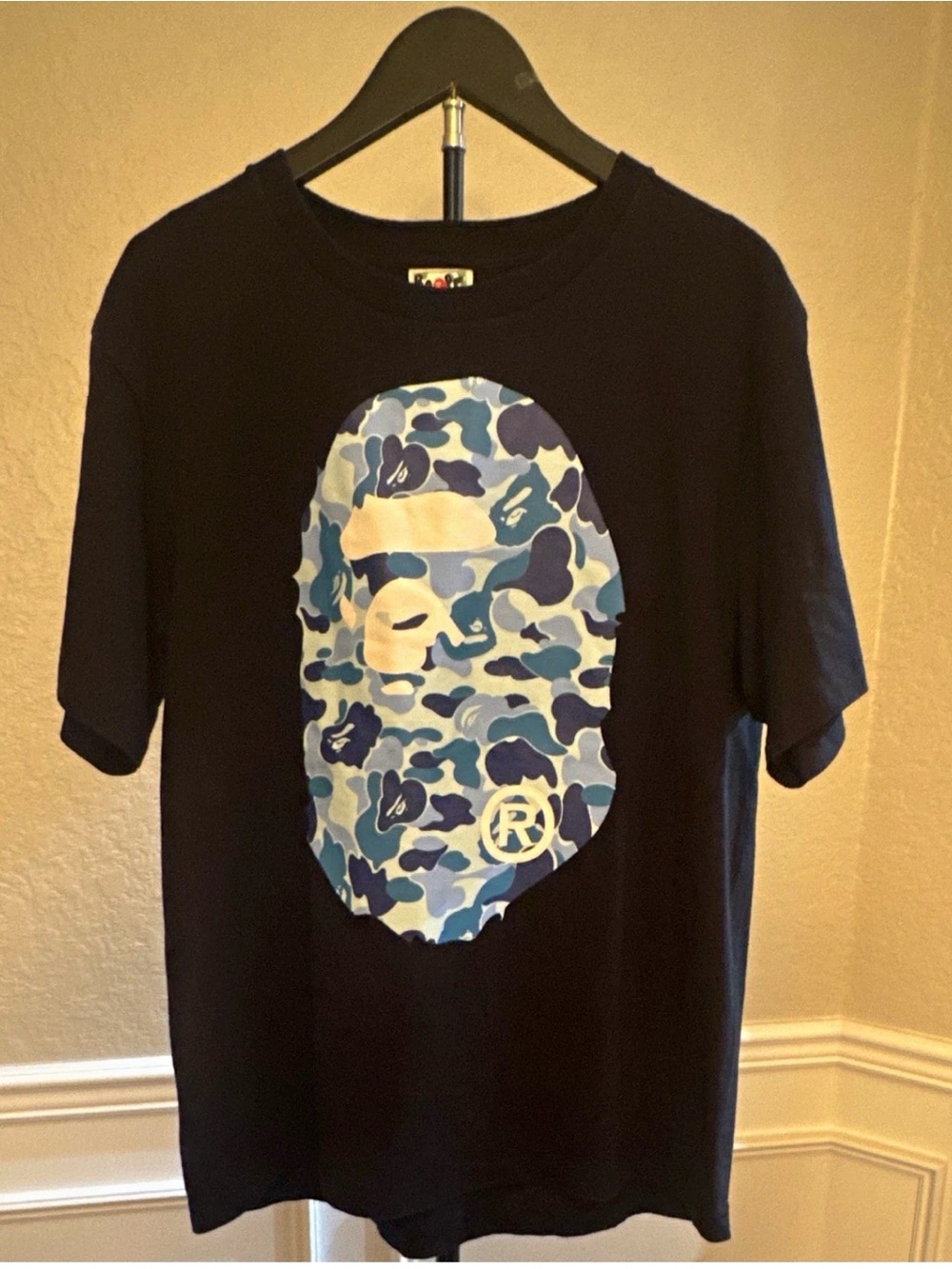 Bape Black Tee with Blue Camo Ape Head Graphic